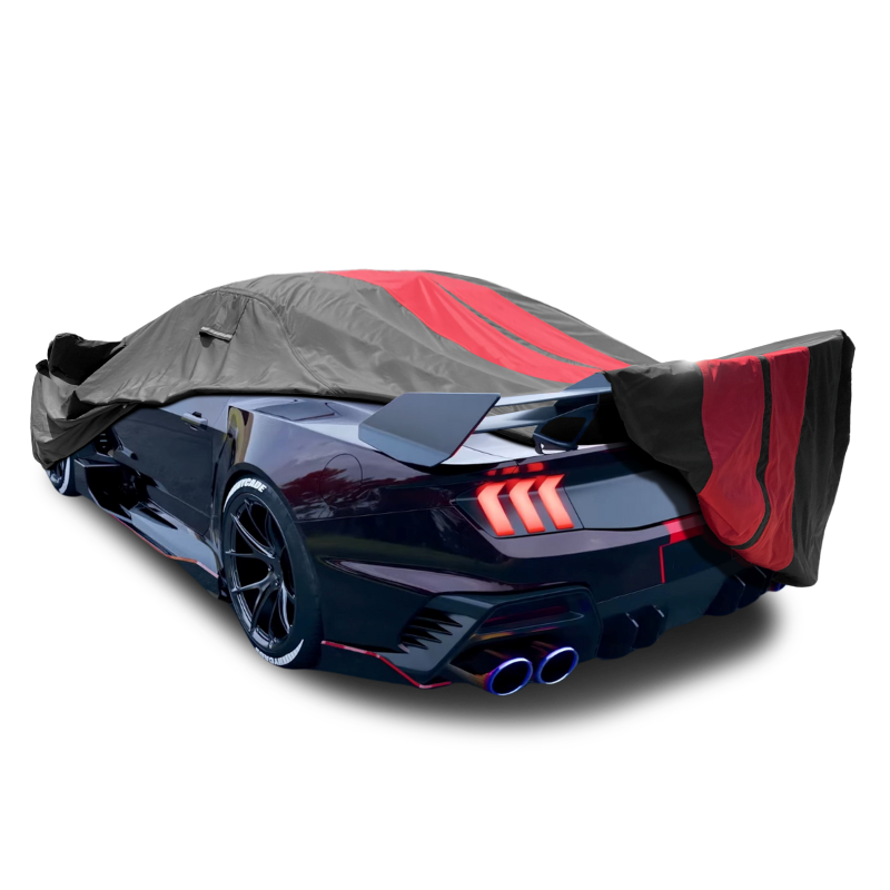Ford Mustang Shelby 2016-2024 con cubierta para auto TitanGuard de ala alta, negro y rojo